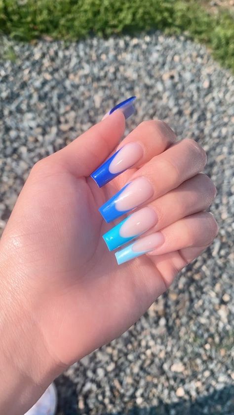 Different Shades Of Blue Nails French Tip, French Tip Different Shades Of Blue, Gradient Blue French Tip Nails, Different Shades Of Blue French Tips, Sky Blue French Tip 1.5, Light Blue French Tip Nails, Sky Blue French Tip 1.5 Coffin, Colored French Nails, Pastel Blue Nails