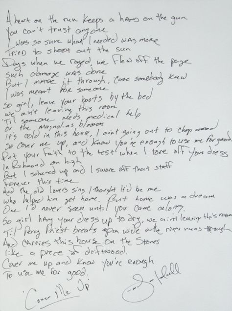 JASON ISBELL HANDWRITTEN AND SIGNED COVER ME UP LYRICS If We Were Vampires Jason Isbell, Cover Me Up Lyrics Sign, Jason Isbell Tattoo, Jason Isbell Lyrics, Song Tattoos, Jason Isbell, Core Core, Song Cover, James Joyce