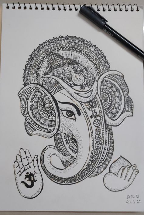 Pen Art Mandala, Ganesh Drawing Easy, Ganesh Mandala, Ganesh Drawing, Ganesha Drawing, Ganesh Art Paintings, Easy Mandala Drawing, Mandela Art, Mandala Art Therapy