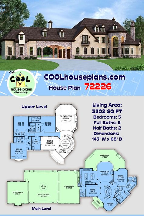 Beautiful French country home plan with impressive porte cochere and parking for up to 5 automobiles. A spacious 5 bedroom house plan with 5 bedrooms, 7 bathrooms, 3300 square feet and a 1700 sq ft unfinished basement.  A popular floor plan with formal dining, large great room, gourmet kitchen, library, large master suite, and 12 ft deep rear porch with optional fireplace on the main level. On the second floor three bedrooms, three baths and a laundry area. European home plan collection. Kitchen Library, 5 Bedroom House Plans, 5 Car Garage, French Country House Plans, Free House Plans, Country Style House, Sims 4 House Design, Porte Cochere, Country Style House Plans