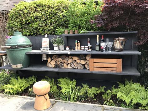 Bbq Wall, Big Green Egg Outdoor Kitchen, Big Green Egg Table, Green Egg Bbq, Concrete Outdoor Kitchen, Big Green Egg, Bbq Area, Green Eggs, Outdoor Bbq