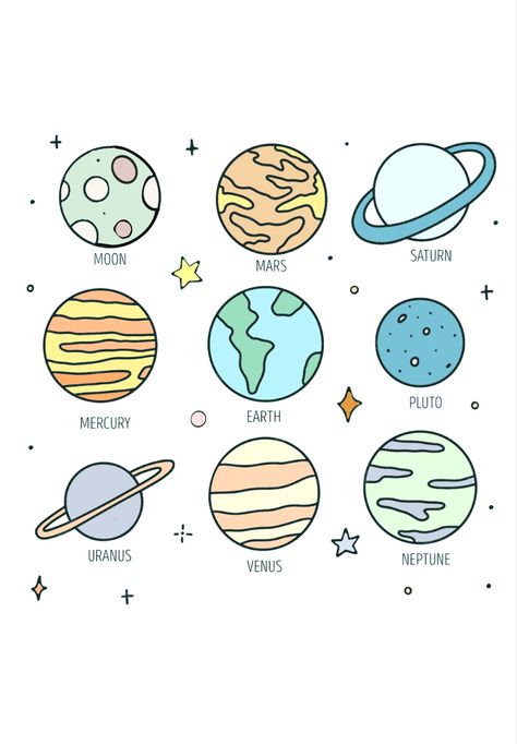 Cute Space Drawings Easy, Simple Planet Drawing, Planet Drawing Simple, Easy Solar System Drawing, How To Draw The Moon, Cute Space Doodles, Cute Planet Drawings Kawaii, Solar System Doodle Art, Galaxy Drawing