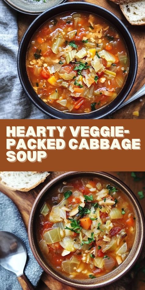 This Hearty Veggie-Packed Cabbage Soup is the ultimate comfort food for cold days! Packed with nutrient-rich vegetables like carrots, celery, and tomatoes, along with tender cabbage, this soup is filling, healthy, and full of flavor. It’s perfect for meal prep, a cozy family dinner, or a hearty lunch. Low in calories and high in vitamins, it’s a must-try for anyone looking for a light yet satisfying meal. #CabbageSoup #VeggieSoup #HealthyRecipes #ComfortFood #SoupSeason 🥣🥕🍲 Plant Based Cabbage Soup, Cabbage And Zucchini Soup, Cabbage With Tomatoes, Whole 30 Cabbage Soup, Cabbage Veggie Soup, Cabbage Soup Diet Crockpot, Vegetarian Recipes Spicy, Wfpb Cabbage Recipes, Vitamin Packed Meals