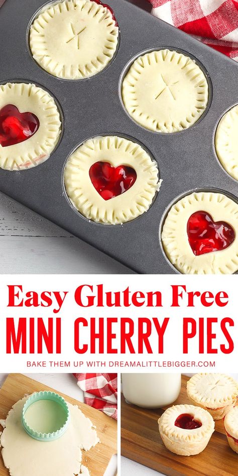 Going gluten free doesn't mean missing out on your favorite treats... Get this fabulous gluten free cherry pie recipe that will take you back!  #glutenfreebaking #glutenfreerecipe #glutenfreepie #cherrypie #valentinesdayrecipe #gfbaking #gfrecipe Gluten Free Mini Pies, Gluten Free Cherry Pie, Gluten Free Pies Recipes, Gluten Free Valentines, Mini Cherry Pies, Gluten Free Apple Pie, Cherry Pie Bars, Cherry Pies, Gluten Free Pumpkin Pie