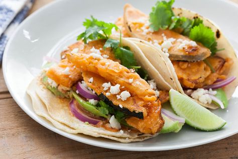 Acorn Squash Tempura Tacos with Smoked Spanish Paprika-Lime Sauce. Visit http://www.blueapron.com/ to receive the ingredients. Squash Tempura, Leftover Squash, Squash Tacos, Tempura Batter, Pan Frying, Vegetarian Tacos, Homemade Sushi, Taco Recipe, Lime Sauce