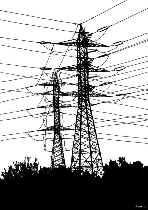 Electricity Pylon Drawing, Powerlines Drawing, Electricity Aesthetic, Lighting Overlays, Transmission Tower, Etching Prints, Power Lines, Technology Background, Printed Backgrounds