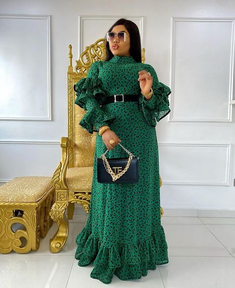 Aladukeh on Instagram: “Who Else Loves “Amara” Dress As Much As I Do😍😍😍 Gold earrings and bangle set @beckygoldjeweler Bag: @aladukehscollection Glasses:…” Vintage Gown Styles, Chiffon Gown Styles In Nigeria, Latest Chiffon Gown Styles, Chiffon Gown Styles, Ruffle Dress Casual, Chifon Dress, Gown Styles For Ladies, Chiffon Styles, Holiday Streetwear