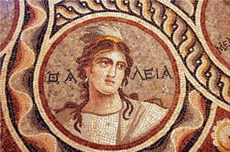 The muse Thalia from the mosaic of the 9 muses,2nd cent.BC recently excavated in Zeugma  Turkey Opus Vermiculatum, Ancient Mosaic, Southern Turkey, Ancient Greek City, Eastern Roman, Roman Mosaic, Modern Mosaics, Roman Art, Art Antique