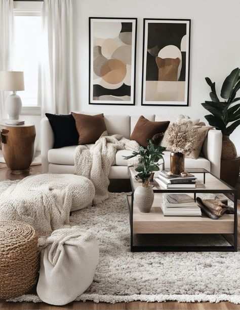 White Brown Gray Living Room, Earthy Modern Apartment, Earth Tone Living Room With Gray Couch, Earth Tone Apartment Decor, Dark Earth Tone Living Room, Ivory Living Room Ideas, Earth Tone Living Room Decor Cozy, Brown Tones Living Room, Ivory Living Room