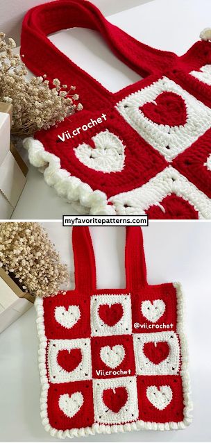 Love Granny Square, Valentine Day Crochet Ideas, Crochet Ideas With Red Yarn, Red And White Crochet Ideas, Valentines Day Crochet Ideas, Heart Granny Square Bag, Red Crochet Ideas, Crochet Heart Bag, Valentines Day Crochet