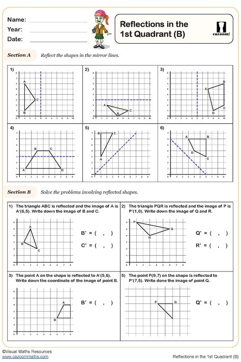 Grade 5 Worksheet: Reflecting in 1st Quadrant Year 5 Maths Worksheets, Reflection Math, Algebra Equations Worksheets, Reflective Symmetry, Year 5 Maths, Equations Worksheets, Ks2 Maths, Angles Worksheet, Coordinate Grid