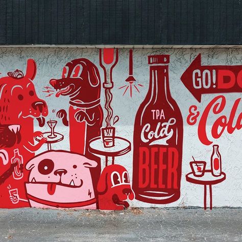 Bar Mural Ideas, Dog Mural Ideas, Dog Mural Wall, Fun Mural Ideas, Funny Murals, Pet Mural, Dog Murals, Brewery Mural, Beer Mural