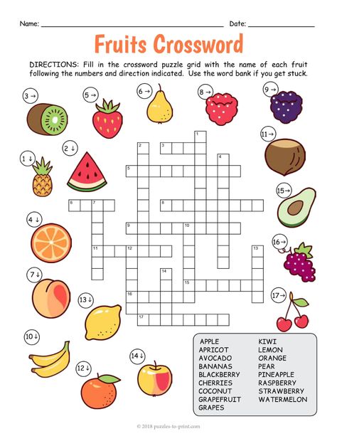 Food Crossword Worksheets, English Crosswords Worksheets, English Crosswords, Food Crossword, Crosswords For Kids, Fruit Worksheet, Crossword Puzzles Printable, Kids Crossword Puzzles, Printable Fruits