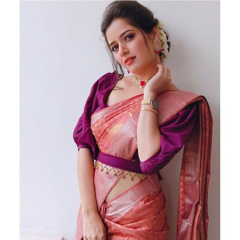 Puffed Sleeves Blouse, Velvet Blouse Design, Ashika Ranganath, Latest Silk Sarees, Saree With Belt, Boat Neck Blouse Design, Sari Design, Orange Saree, Blouse Back Neck Designs