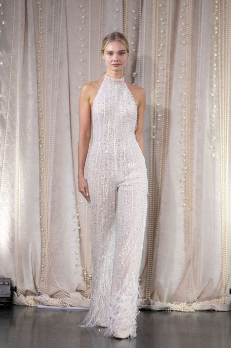 Berta - Spring/Summer 2020 Collection - WedLuxe Magazine Bride After Party Jumpsuit, White Glitter Jumpsuit Wedding, Glamorous Wedding Dresses, Jumpsuit Wedding, Bride Jumpsuit, Wedding Reception Outfit, Special Event Outfit, Bridal Wardrobe, Reception Outfit