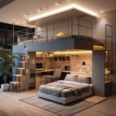 Loft Beds For Teens, Loft Beds For Small Rooms, Beds For Small Rooms, Loft Style Bedroom, Decor Ideas Bedroom, Modern Kids Bedroom, Boy Bedroom Design, Bunk Bed Designs, Loft Room