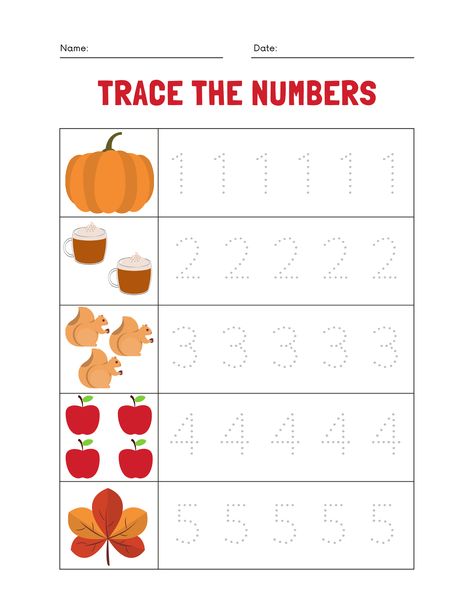 Trace the Numbers Worksheet for Fall Thanksgiving Handwriting Activities, Fall Number Tracing, Fall Stem Activities, Letter Writing Practice, Fall Worksheets, Preschool Craft Activities, Stem Experiments, Preschool Number Worksheets, Letter Worksheets For Preschool