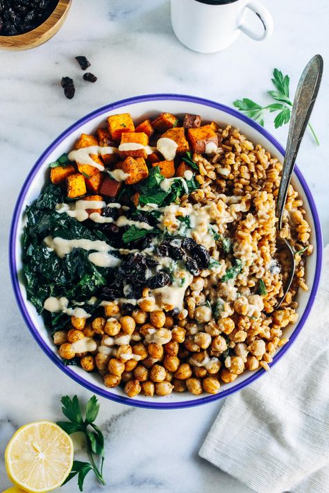 Roasted Sweet Potato, Kale and Farro Salad with Lemon Tahini Dressing - Making Thyme for Health Kale Sweet Potato Salad, Sweet Potato Kale, Cubed Sweet Potatoes, Salad With Lemon, Lemon Tahini Dressing, Roasted Sweet Potato, Farro Salad, Salad With Sweet Potato, Healthy Lunches