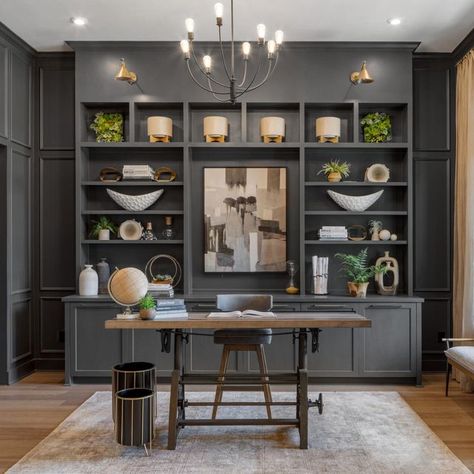 Drees Homes on Instagram: "Hot in home design this year: Incorporate hidden treasures Now more than ever, homeowners are making it a priority to utilize every inch of their home. No space will be wasted! Built-in elements are dominating even the tiniest corners of our homes. Take our Homearama home, the Bedford, for example. When closed, the secret door off the study looks like it’s a part of the room’s paneling. Once opened, the door reveals a cigar room, complete with custom shelving. . . Office Built Ins, Dark Countertops, Custom Shelving, Hearth Room, Secret Door, White Countertops, Design Your Dream House, Home Office Design, Study Room