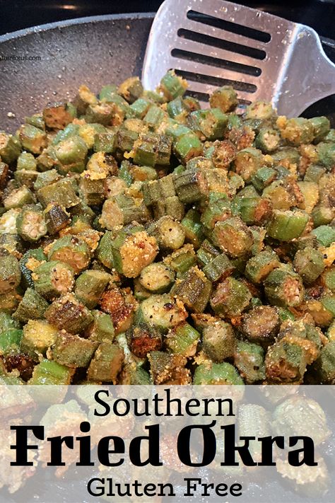 Make this Southern Style gluten free fried okra in a cast iron skillet with with bacon grease.    This Texas pan fried okra does not contain flour just a simple seasoned cornmeal breading.  #SouthernStyleFriedOkra #GlutenFreeFriedOkra #TexasPanFriedOkra #myturnforus #SouthernFriedOkraInCastIronSkillet #PanFriedOkraWithCornmeal #TexasOkra Pan Fried Okra, Fried Okra Recipe, Southern Fried Okra, How To Cook Okra, Okra Fries, Okra Recipe, Fried Okra, Okra Recipes, Gluten Free Sides Dishes