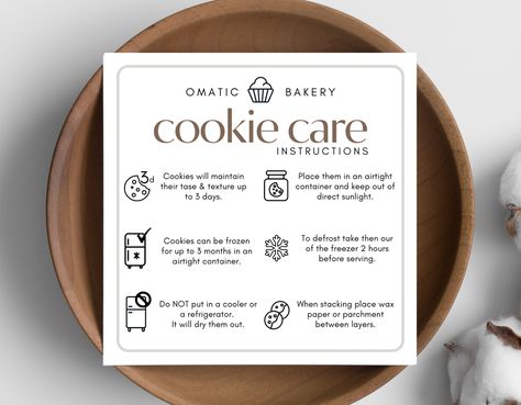 Cookie care card Canva template, Cookie Care Guide, Bakery Order Insert, Cookie Care Instructions... productpackaging #logodesignconcept #logotipos🦋 Homemade Cookie Packaging, Cookie Care Instructions, Cookies Menu Design Ideas, Black And White Packaging Design, Instruction Card Design, Cookies Business Ideas, Teddy Cookies, Cookie Packaging Design, Cookies Packaging Ideas