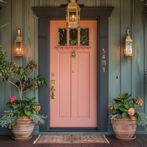 Create a Welcoming Entrance with Warm Taupe and Blush Pink Outdoors Paint Colors • 333  Inspiring Lifestyle Ideas Colourful Doors Entrance, Best Paint Colors For House Flip, Green House With Pink Door, Pink House Exterior Color Combinations, Pale Pink House Exterior, Pink Craftsman House Exterior, Pink Farmhouse Exterior, Pink Shutters On House, Agean Teal Bm