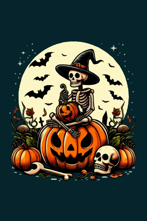 Spooky Skeleton on a Pumpkin: A Humorous cartoon design featuring a skeleton sitting on a pumpkin. Perfect for Halloween Enthusiasts Halloween Cartoon Wallpaper, Halloween Ilustraciones, Pumpkin Halloween Art, Skeleton Sitting, Spooky Cartoon, Fall Skeleton, Fall Stickers, Skeleton Illustration, Spooky Skeleton