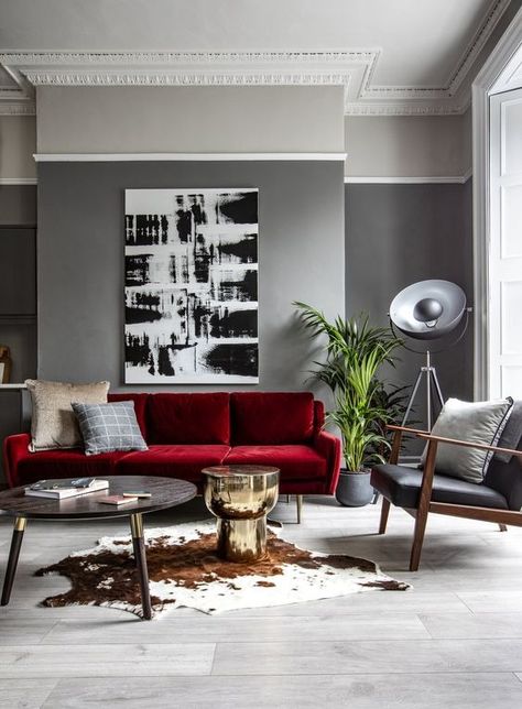 How To Incorporate The 'Unexpected Red Theory' Into Interior Design Maroon Leather Couch Living Rooms, Red Feature Wall, Red Couch Living Room, Red Theory, Dark Apartment, Burgundy Living Room, Living Room Designs Modern, Small Office Design Interior, Leather Couches Living Room