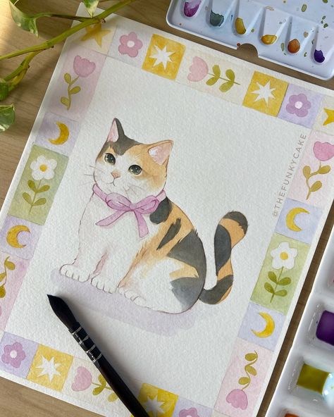 Painting a cute calico cat 🌷 (The last photo represents my 2 moods) I loved doing this cute frame design for this illustration, if you are looking for something easy and relaxing to paint I highly recommend it ❤️ #watercolor #cats #cutecat #calicocat #catart #catillustration #cuteart #artgallery #illustration #watercolorart #artsy Calico Cat Painting Easy, Calico Cat Watercolor, Cute Calico Cat, Cute Frame, Watercolor Cats, Cat Watercolor, Clip Board, Cute Frames, Kitty Art