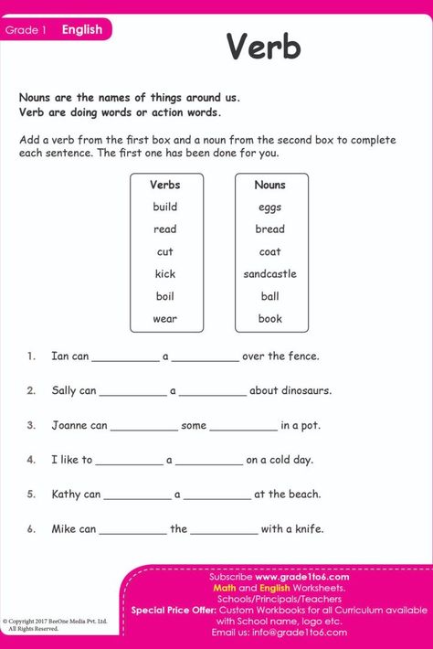 In this verbs worksheets student add a verb to a noun from the box and complete the sentence. Sally can READ a BOOK about Dinosaurs. Subscribe to www.grade1to6.com for just $25 a year to get 6000 plus Maths and English worksheets for Grade 1 to Grade 6 #mathworksheets #schoolprincipals #englishworksheets English Worksheets For Grade 1, Nouns Activity, Nouns And Verbs Worksheets, Free English Worksheets, Nouns Activities, Nouns Worksheet, Alphabet Tracing Worksheets, Verb Worksheets, Nouns And Verbs