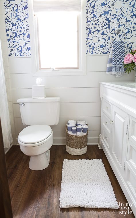 Budget Decorating with colors Spare Bathroom Ideas Wallpaper, Wallpaper Over Shiplap, Bathroom With Shiplap And Wallpaper, Shiplap Wainscoting, Coral Cottage, Bathroom Stencil, Pallet Wardrobe, Faux Wallpaper, Spare Bathroom