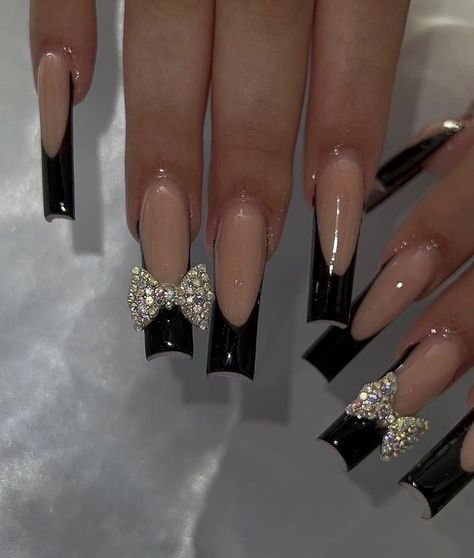 2ky Nails, Cancerian Nail Art, Black Coffin Nails Design, Black Rhinestone Nails, Black Prom Nails, Beige Nails Design, Black French Tip, Black Gel Nails, Drip Nails