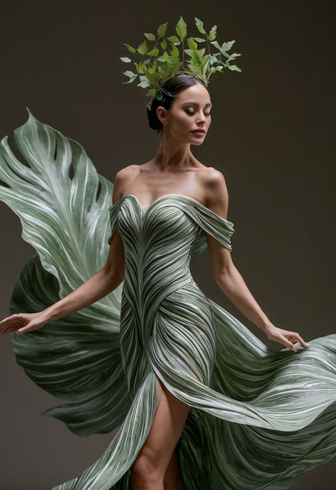 Ethereal Elegance: Leaf-Inspired Green Gown Forest Inspired Dress, Leaf Inspired Fashion, Leaf Textiles, Forest Gown, Fashion Inspired By Nature, Nature Dresses, Textured Gown, Leaf Fashion, Leaves Dress