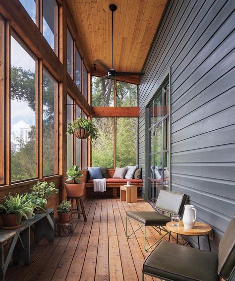 Screened In Porch With Privacy Wall, Screened Porch Inspiration, Mcm Screened Porch, Screened In Porch With Railing, Raised Screened In Porch, Front Porch Enclosure Ideas, Screened In Porch Privacy Ideas, Narrow Screened In Porch, Modern Screen Porch