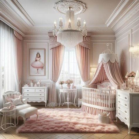 Baby Girl Nursery Luxury, Hacienda Style Nursery, Nursery Ideas Princess, Luxury Baby Girl Nursery, Coquette Baby Room, Elegant Girl Nursery, Victorian Girls Room, Luxury Nursery Room, Old Money Nursery