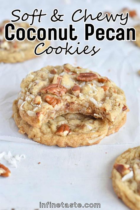 These rich, buttery coconut pecan cookies are soft, chewy with a flavor reminiscent of pecan pie cookies. They are simple to make with gourmet taste. You’ll love this unique cookie flavor, make them for your family for Christmas, holiday cookie exchange, or any time of year. Cookie With Nuts Recipes, Coconut Pecan Desserts, Chewy Coconut Pecan Cookies, Pecan Cookies With Powdered Sugar, Best Coconut Cookies Recipes, Coconut Pecan Cookies Chewy, Fruit Cocktail Cookies, Christmas Coconut Cookies, Christmas Cookies With Coconut