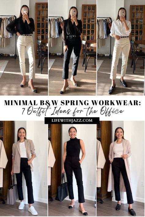 7 Minimal B&W Spring Workwear Ideas for the Office - LIFE WITH JAZZ Minimal Professional Outfit, Versatile Work Outfits, Minimalist Summer Work Outfit, Spring Summer Office Outfits, Spring Workwear Business Casual, Spring 2024 Business Casual, Smart Casual Work Outfit Spring, Office Spring Outfits, Summer Office Outfits Casual Work Attire