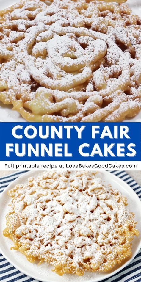 You don't need to wait for the county fair to enjoy a delicious Funnel Cake! This easy-to-make recipe can be enjoyed in just a few minutes! Carnival Foods State Fair, How Do You Make Funnel Cake, Making Funnel Cakes At Home, Easy Funnel Cakes, Funnel Cakes Recipe Easy, Diy Funnel Cake Recipe, Funnel Cake Batter Recipe, Funnel Cake Recipe Videos, Easy Fried Dessert Recipes