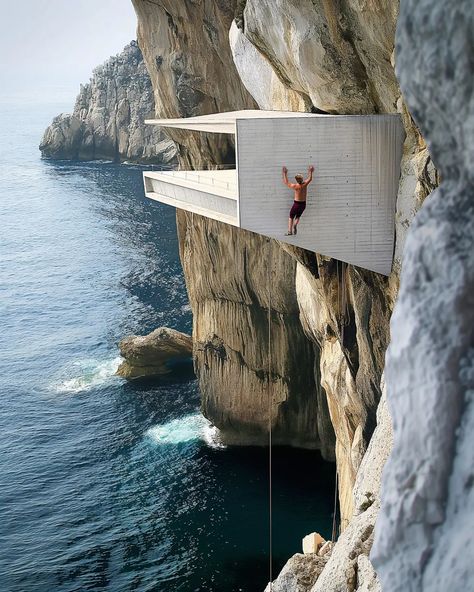 deep water solo house #imagine #midjourneyarchitect #midjourney #artificialintelligence #artificialarchitecture #artificialsketchbook #architecture #design #deepwatersolo #rockclimbing Cliffhanger Ideas, Cliff Architecture, Mountain Architecture, Architecture Design Sketch, Deep Water, Summer 24, Design Concepts, Rock Climbing, Design Sketch