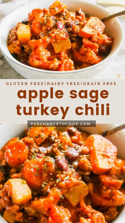 Flavorful Turkey Apple Chili. Ground Turkey And Apple Recipe, Ground Turkey Apple Recipes, Apple Chili Recipe, Turkey Chili With Sweet Potatoes, Clean Fall Recipes, Different Kinds Of Chili, Cozy Autumn Soup, Ground Turkey Fall Recipes, Fall Chilli Recipes