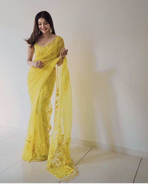 Yellow Haldi Outfit, Haldi Outfits, Color Outfits, Saree Poses, Saree Fashion, Yellow Saree, Saree Designs Party Wear, Indian Fashion Saree, Kajal Agarwal