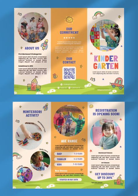 Kindergarten Tri-Fold Brochure Template EPS, AI Informational Brochure Design, Tri Fold Brochure Design Templates, Brochure Design Education, Cute Brochure Design, School Brochure Design Ideas, School Brochure Design Creative, Pamphlet Design Layout, Daycare Brochure, Brochure Design Layout Templates