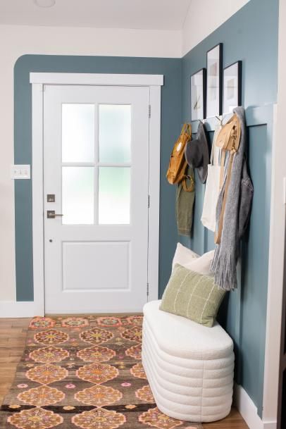 Makeover a Boring Entryway With Blue Paint Hall Paint Colors, Windy City Rehab, Bold Accent Wall, Foyer Colors, Entryway Paint, Blue Entryway, Black Chalkboard Paint, Hall Painting, Sherwin Williams Paint