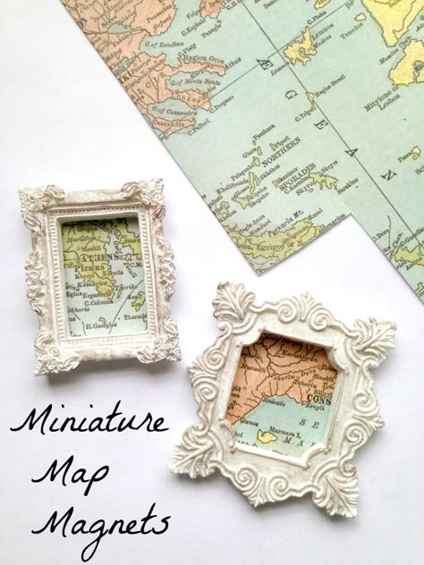 Miniature Map Magnets - great for DIY Travel Keepsakes, wanderlust wish lists, hanging things in your home decor or just beautiful little gifts! Miniature Map, Bureau Decor, Map Crafts, Travel Crafts, Magnet Crafts, Travel Keepsakes, Travel Diy, Craft Tutorial, Travel Inspired