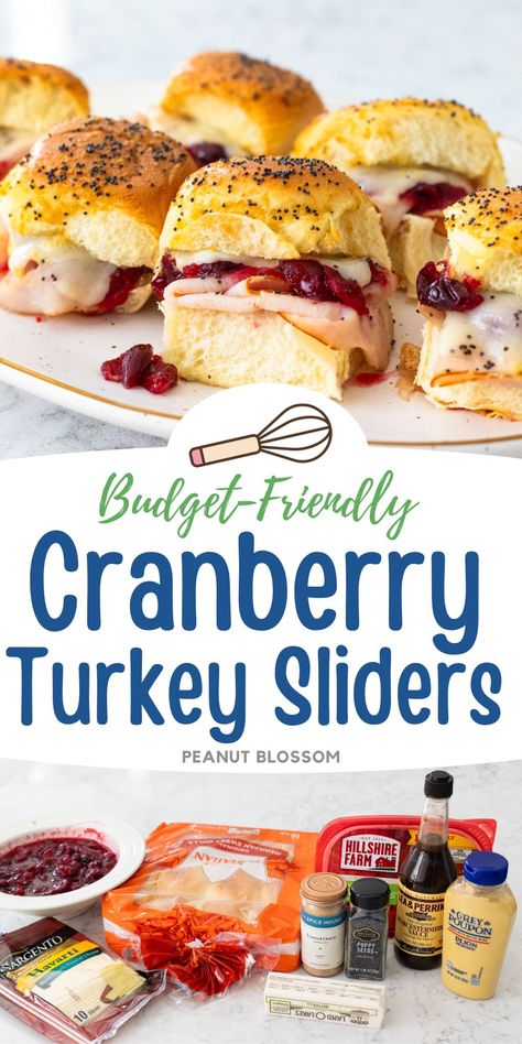 Cranberry turkey sliders with havarti cheese on a sweet Hawaiian bun are brushed with melted butter and poppy seeds and make a delicious potluck party sandwich. This quick appetizer is so fun for a football party or holiday get together with friends and family. Sliced Turkey Appetizers, Fall Sliders, Thanksgiving Sliders, Leftover Thanksgiving Turkey Recipes, Fresh Cranberry Recipes, Turkey Lunch Meat, Turkey Appetizers, Thanksgiving Sandwich, Cranberry Turkey