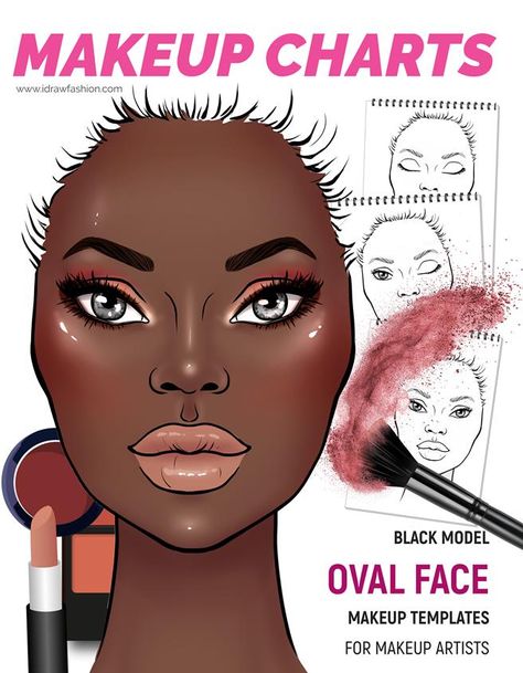 This Makeup chart template book consists of black models with oval-shaped faces. #fashionbooks #fashionillustrationbook #bookfashion #fashionsketchbook #fashionsketches #makeupcharts Makeup Charts Face, Face Shape Makeup, Triangle Face Shape, Makeup Chart, Square Face Makeup, Oval Face Makeup, I Draw Fashion, Triangle Face, Oblong Face Shape