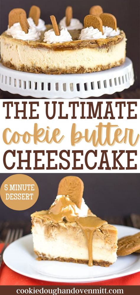 Indulge in the decadence of Cookie Butter Cheesecake with a speculoos crust, creamy cookie butter cheesecake, and swirls of more cookie butter. Top it off with cinnamon whipped cream and a cookie butter drizzle for an irresistible dessert. Perfect for cookie butter enthusiasts! Banana Pudding Cookie Butter Cheesecake Cake, Ways To Use Cookie Butter, Butter Cookie Cheesecake, Cookie Butter Cakes, Pumpkin Cookie Butter Cheesecake, Sugar Cookie Cheesecake Recipe, Recipes Using Cookie Butter, Cookie Butter Desserts, Cookie Butter Pie