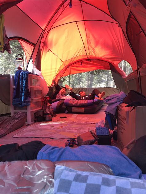 Inside of Ozark Trail 10 person tent Walmart $99 spacious, 2 queen beds on each side & tons of space in middle. Tent Walmart, 10 Person Tent, Ozark Trail, Camping Life, Queen Beds, Tent, Fair Grounds, Siding, Camping