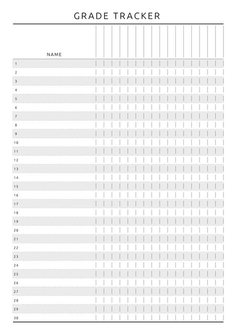 Printable grade book template in original style for school and college teachers. Plan your units, lessons or school terms and keep track of class academic progress. One page has 30 sections for 30 students and 16 columns for each lesson.  #lessonplantemplate #customteacherplanners #lessonplanner #digitalplanner #planneraddict School Templates Printables, Grading Sheets For Teachers, Planer For School, Grade Tracker Printable Free, Study Templates Printables, Grade Tracker Template, Class Tracker Planner, Student Grade Sheet, Grade Tracker Printable