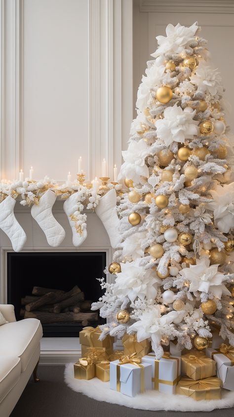 Snowy white Christmas tree, capturing the essence of a winter wonderland for the holiday season Fake White Christmas Tree, White Christmas Tree Ideas 2023, Christmas Tree Ideas 2023, Fake Xmas Tree, Tree Installation, Gold And White Christmas Tree, White Christmas Tree Ideas, Christmas Decorations Outdoor, Fake Candles